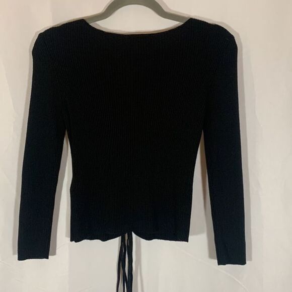 Topshop Black Ribbed Front Cage Tie-Up Long Sleeved Top - Picture 2 of 8